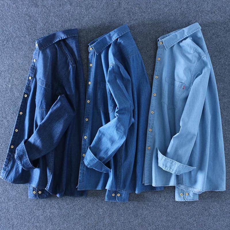 Marina Threads - Camisa Jeans Casual em Algodão