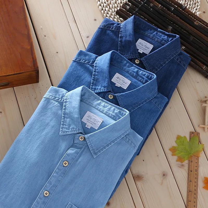 Marina Threads - Camisa Jeans Casual em Algodão